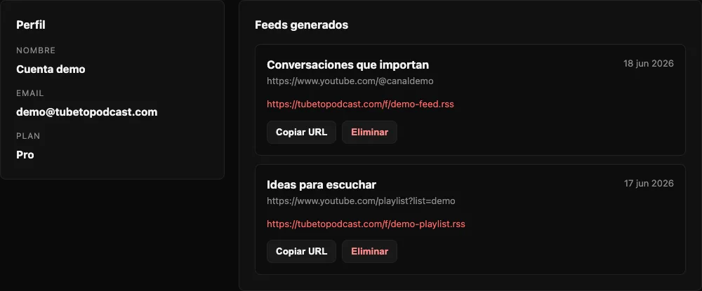 Dashboard con podcasts RSS generados desde YouTube